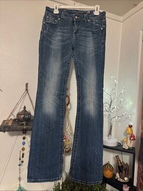 Miss Me Dark Blue Flare Jeans with Faded Whiskering
